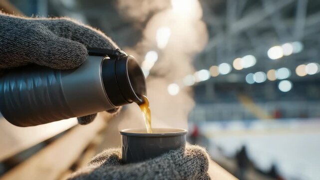 Steaming coffee is poured from a thermos by gloved hands, with an ice rink blurred in the background. The image evokes feelings of warmth, relaxation, and winter leisure activities