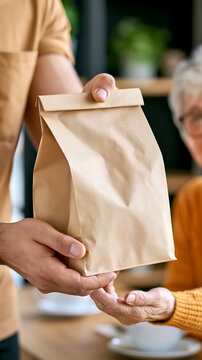 Delivery support for elderly, courier hands paper bag to senior, volunteer care service, compassionate assistance, community help, warm human interaction, social support concept.