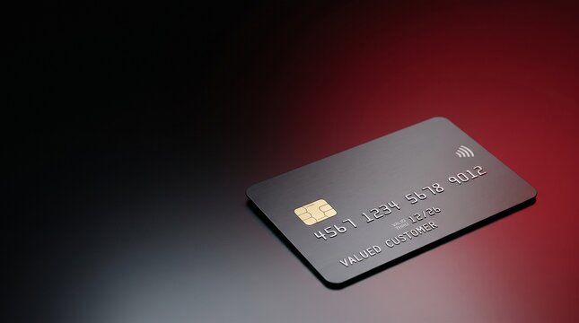 Modern dark credit card with contactless payment symbol on a gradient background
