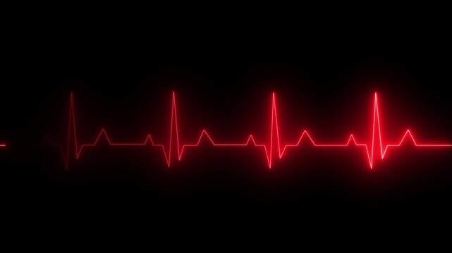 Abstract glowing neon heartbeat icon animation with ECG pulse line on black background, medical heart rate signal motion graphic, 4K animation