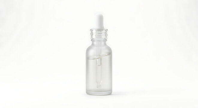 clear glass dropper bottle with serum on white background.