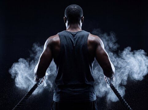 Powerful muscular man gripping heavy battle ropes with intense focus, dramatic smoke effect, high-energy workout scene.