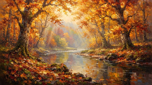 Impressionist oil painting of autumn forest river, golden fall foliage with sunbeams, serene woodland landscape with vibrant orange trees