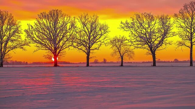 View of a snow-covered field with a row of bare trees silhouetted against a vibrant yellow and orange sunset in Latvia.