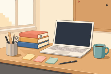 Fototapeta premium Workspace with laptop and stationery, minimalistic style, light colors, copy space