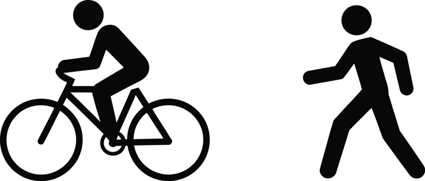 Cyclist and pedestrian icon featuring black silhouette pictograms for bicycle traffic, walking paths, road safety, and editable vector illustration.
