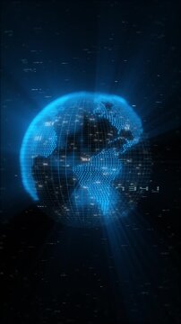 Global data globe finance background blue wire earth sphere, floating numbers, dark analytics space. for stock market videos, investment reports, economic dashboards, business intros, motion overlays.