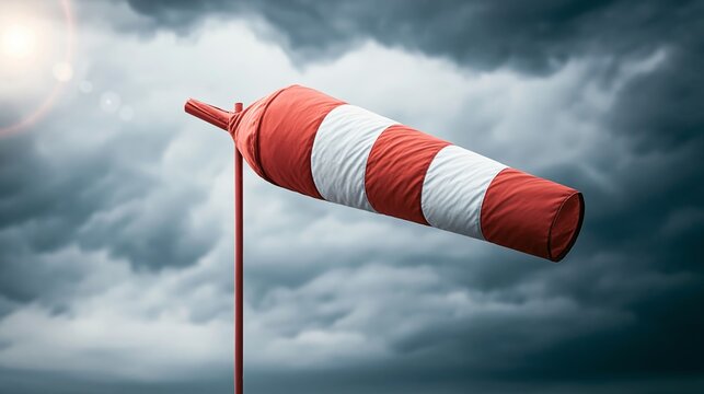 Windsock indicating strong wind conditions under dramatic storm clouds, signaling turbulent weather and change