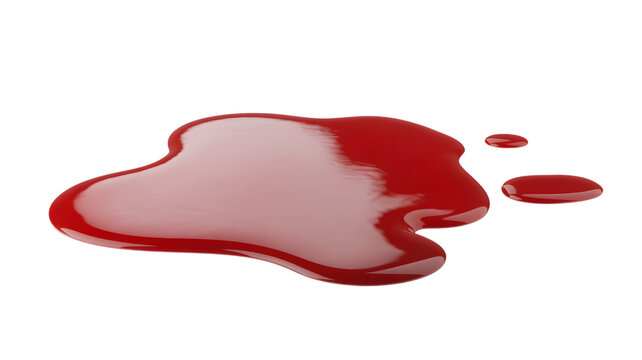 Glossy red liquid puddle with scattered drops on white background with pool isolated droplets droplets set