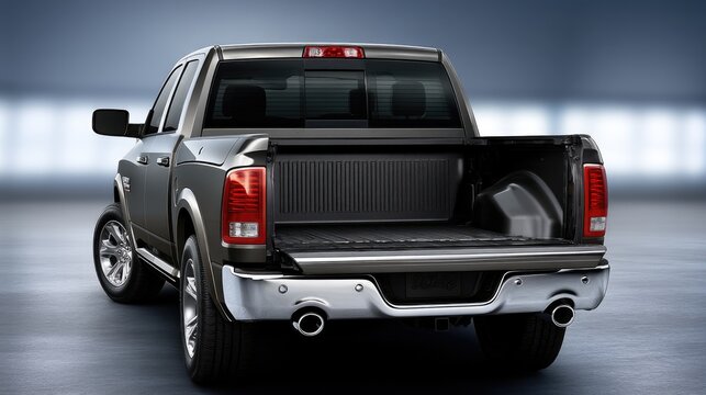 Pickup truck in studio shot showing open cargo bed and polished rear bumper under even lighting