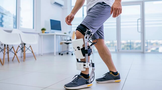 Patient wearing robotic knee exoskeleton walking during rehabilitation session in modern medical clinic