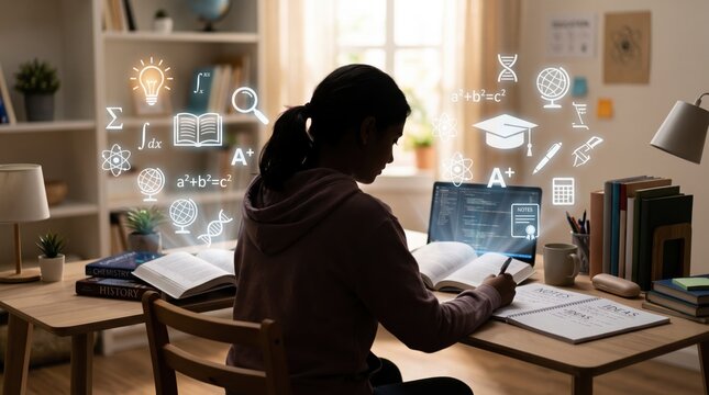 Student studying at home with laptop, online education, digital learning, homework, research, knowledge icons, academic success, remote school, e-learning platform