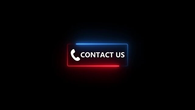 Neon Contact Us sign animation with glowing blue and red border on black background, customer support interface and digital communication concept, 4K