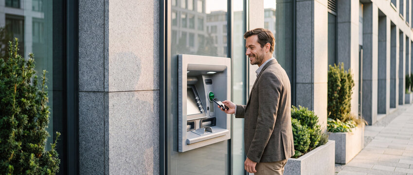 Businessman using smartphone at outdoor ATM machine for contactless mobile banking transactions, captured in natural daylight outside a modern corporate office building
