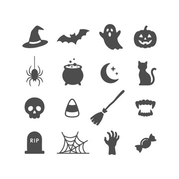 A comprehensive set of dark gray Halloween-themed silhouette icons arranged neatly on a white background
