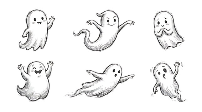 Set of six hand drawn cute ghosts in various poses and expressions with creature