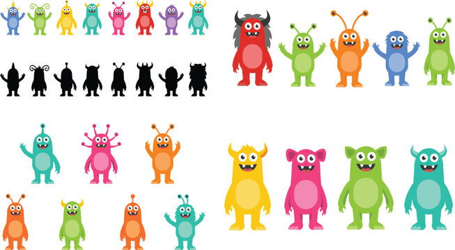 Cute Cartoon Monster Character Collection with Colorful Funny Alien Mascots and Silhouette Vector Illustration Set
