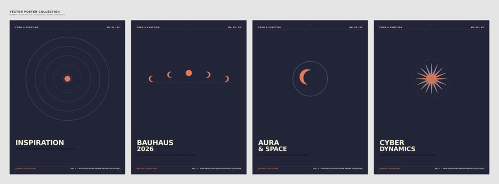 Cosmic star chart vector posters. Minimalist space art set with celestial moon phase graphics.