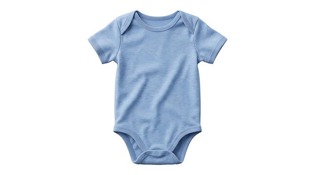 A blue short-sleeve baby bodysuit with a simple neckline on a white background.