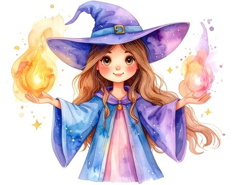 Cute watercolor wizard girl casting magic spells with pastel colored fireballs and sparkles