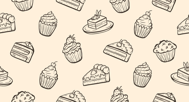 Cake doodle background. Cupcake pattern background. Sweat dessert doodle seamless pattern. Pastry cake flavor hand drawn pattern with chocolate, strawberry, vanilla, black forrest, cream, muffin.