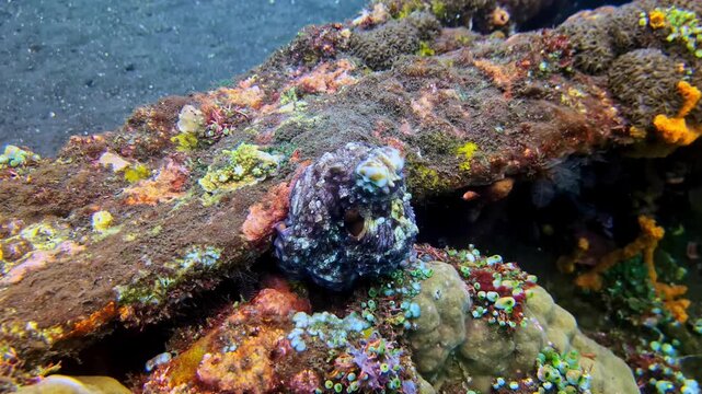 View of a camouflaged frogfish resting on a vibrant coral reef with sponges and marine life in Bali, Indonesia.