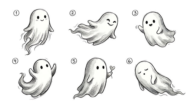 Cute cartoon ghost character set with various expressions and poses, halloween