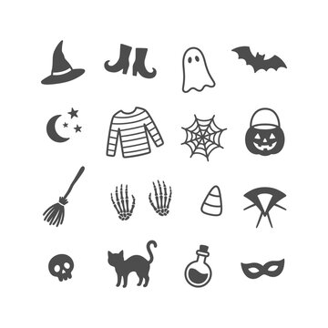 A set of dark gray silhouette icons representing different elements and symbols of Halloween celebrations