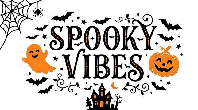 Halloween spooky vibes text design with ghost pumpkin and spider web, halloween