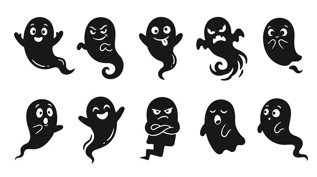 Black silhouette ghost icons with diverse facial expressions, silhouette