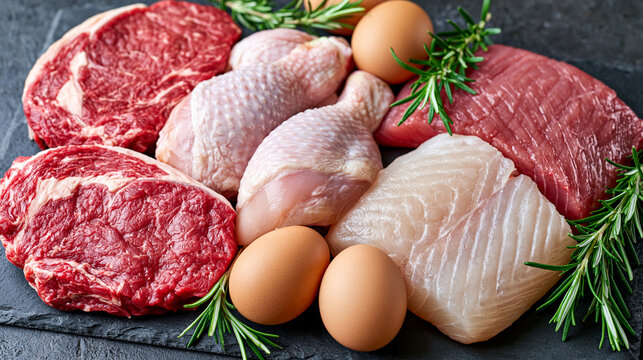 Overhead food photography of assorted raw protein ingredients including sirloin steaks, chicken legs, halibut fillets and organic eggs on a rustic slate background accented with fresh rosemary branc