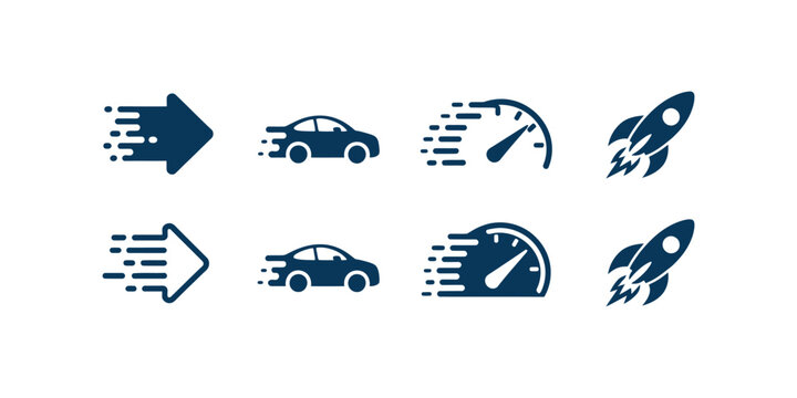 Speed icons, rocket, arrow, car and gauge symbols for fast performance, acceleration and motion vector illustration