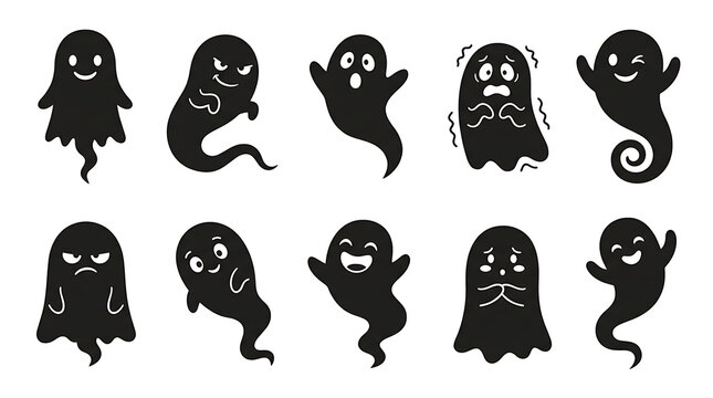Set of black ghost silhouettes showing different moods and gestures