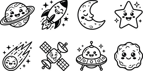 Naklejka premium Cute Space Character Vector Collection with Planet Rocket Moon Star UFO and Satellite Icons
