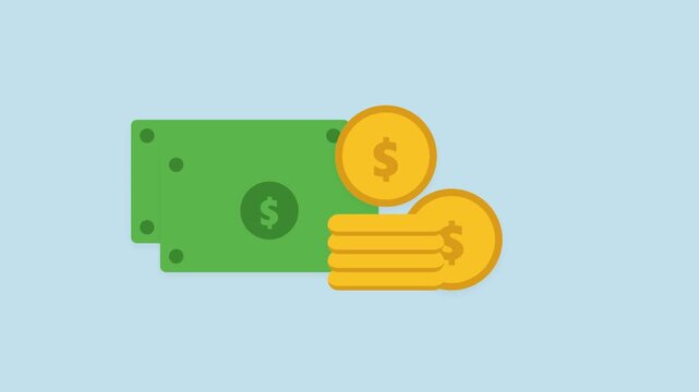 Flat animation of dollar currency coins and paper money