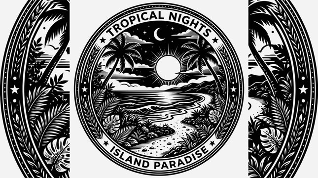 Tropical nights island paradise beach emblem logo.