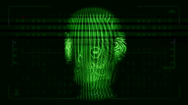 Digital head scan displaying binary code data interface. Digital skull scan with a green matrix interface