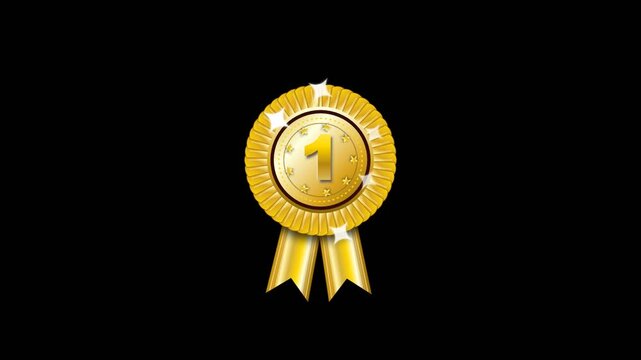 Shiny gold medal with first place number one icon on black background