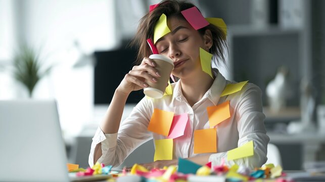 Overwhelmed office worker covered in sticky notes struggling with burnout and caffeine at messy desk