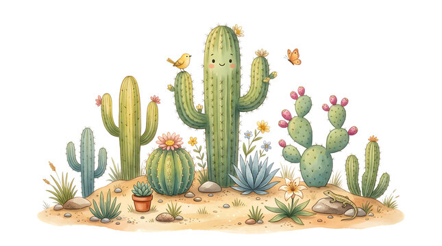 Cute watercolor cactus desert landscape with smiling faces.