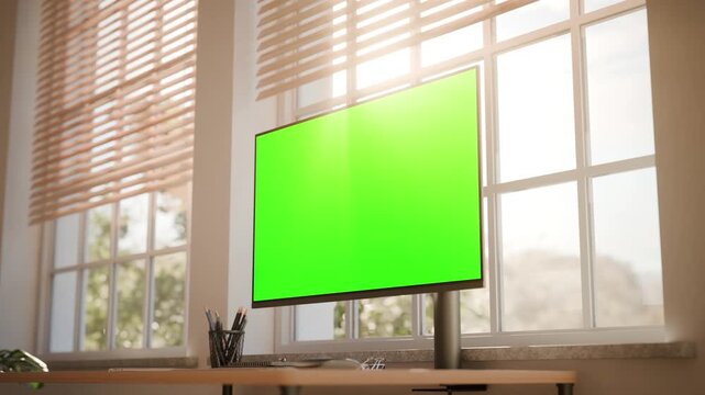 Desktop Computer Screen Mockup Collection in Bright Modern Office with Chroma Key and Tracking - Prespective View