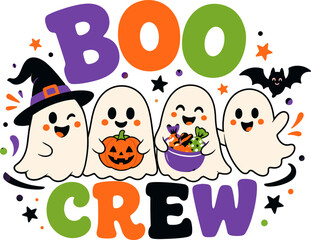Fototapeta premium Cute Halloween Boo Crew Vector Illustration with Ghosts Pumpkin and Candy. Spooky Cute Halloween Ghost Squad Graphic Design for Shirts and Decor. Funny Boo Crew Halloween Typography Vector Art with Cu