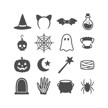A grid of various Halloween symbols and spooky elements depicted as simple gray flat design icons on a white background