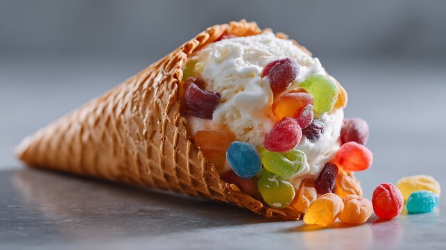 Goody Goody Gum Drops gelato in a waffle cone
