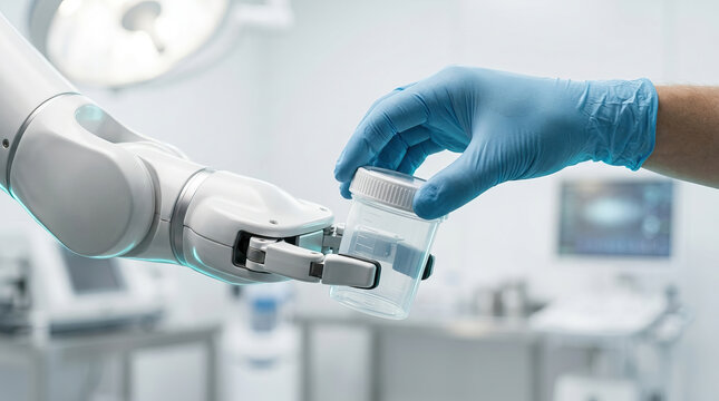 Human hand and robot arm interaction hri in laboratory setting showing cooperation and precision as robot arm holds transparent container while human hand wearing blue glove reaches for it