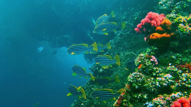 View of a school of striped sweetlips swimming near a vibrant coral reef with colorful sponges in the clear blue ocean waters of Bali, Indonesia.