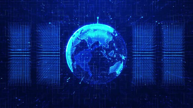 Global digital globe network bright blue earth, mirrored data panels, circuit grid, deep 19 depth. worldwide communication videos, data center intros, business screens, and motion overlays.