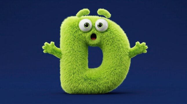 Cute fluffy green letter D monster character with surprised expression and raised hands on dark blue background