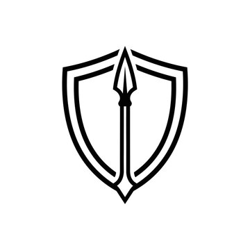 Symmetrical shield and spear minimalist emblem.