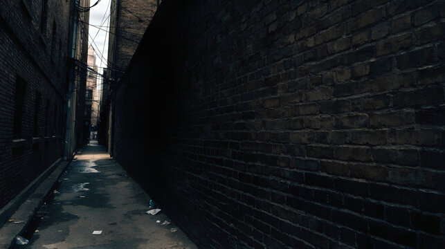Dark gritty city alleyway with blank brick wall
